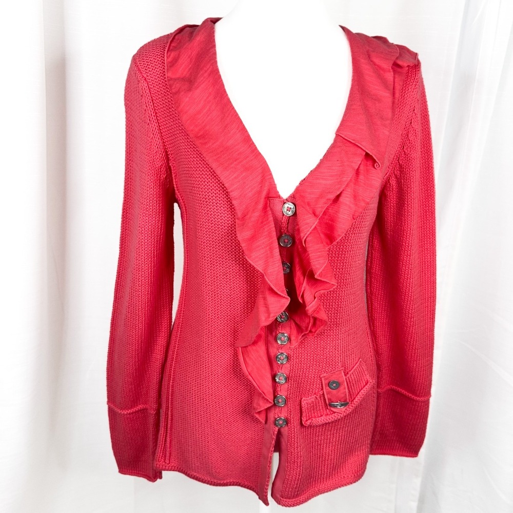 Pure Handknit 100% Cotton Pink Orange Boho Fringe Knit Cardigan Sweater S/M